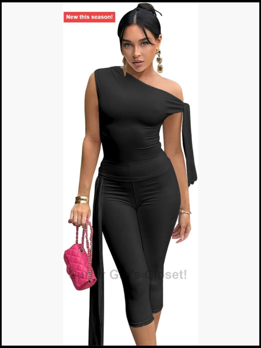 Sexy One Shoulder Capri Set Sleeveless Crop Top Bodycon Pant Set 2 Piece Outfit - Picture 1 of 7